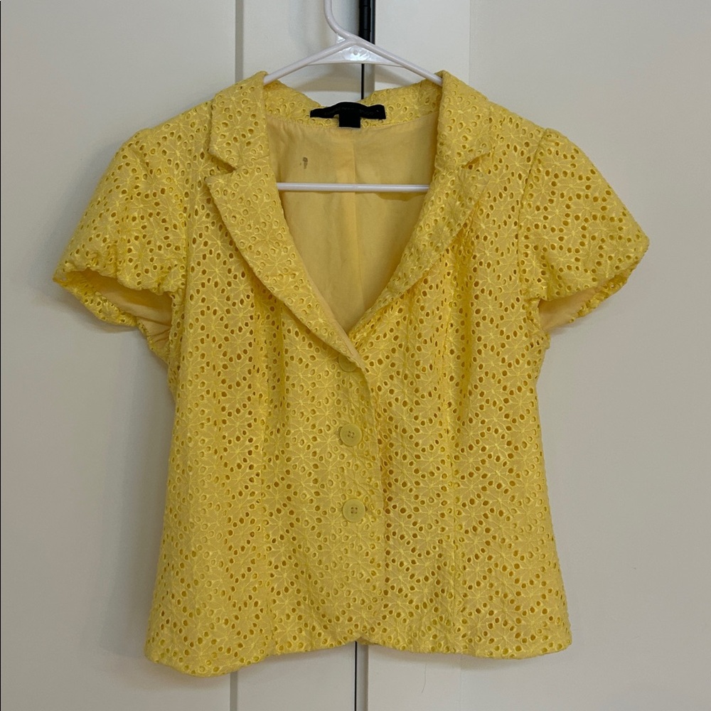 Express Yellow Eyelet Button-Up Blazer Blouse, Crop Jackets